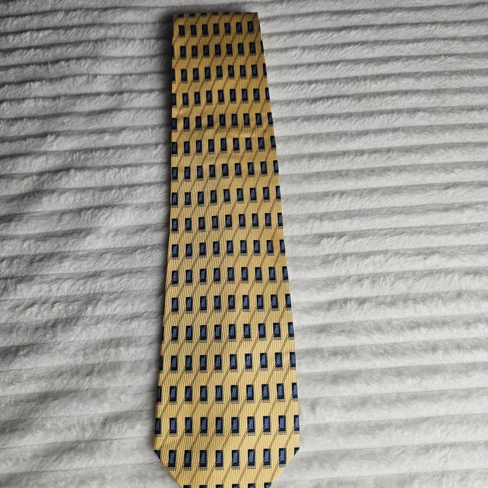 Valerio Garati Mens 100% Silk Geometric Tie Gold Blue Black 59in Handmade